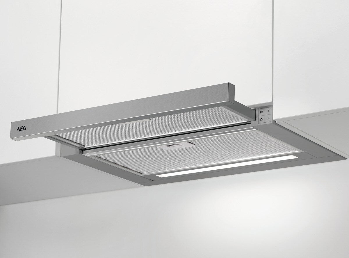 AEG ADF6062BM, Cappa aspirante piatta, Cromo, Classe energetica: A, Numero di passi: 3, Livello massimo scarico (m3/h):